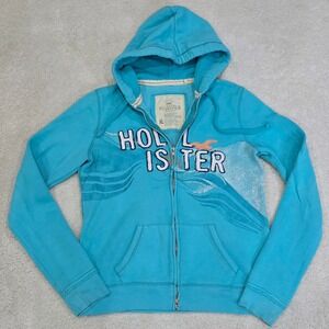 Hollister California Womens Zip Up Hoodie Aqua Blue XL Cotton Polyester Graphic